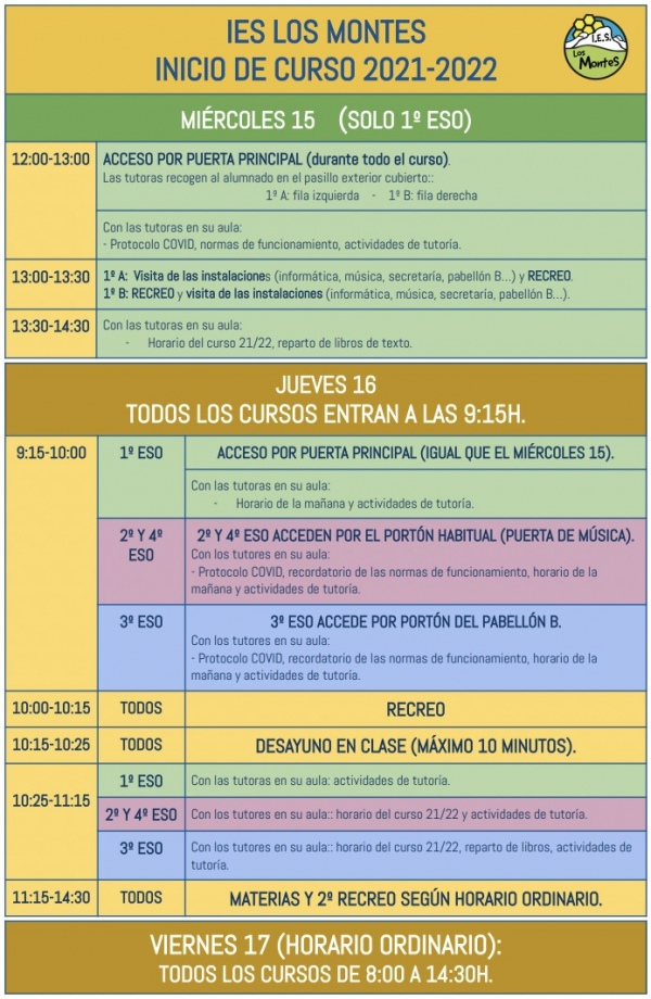 HORARIO PRIMEROS DÍAS DEL CURSO 21/22